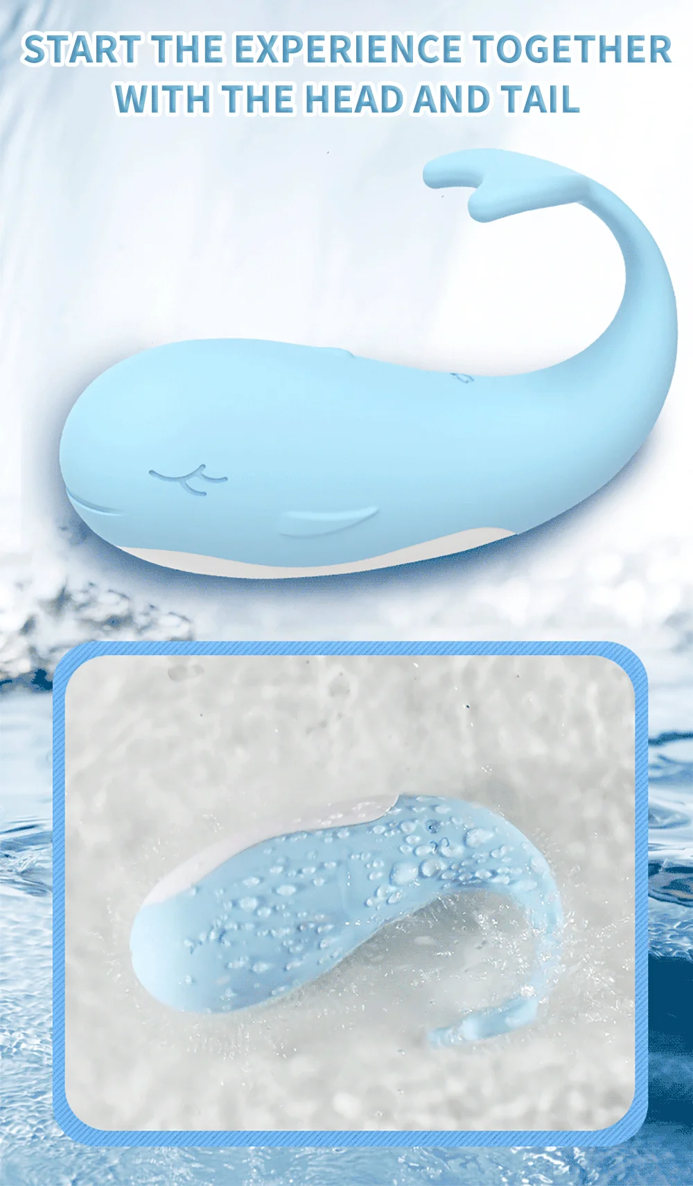 Dual stimulation feature showing the flexible tail and vibrating head of the whale-themed intimacy tool for targeted pleasure.