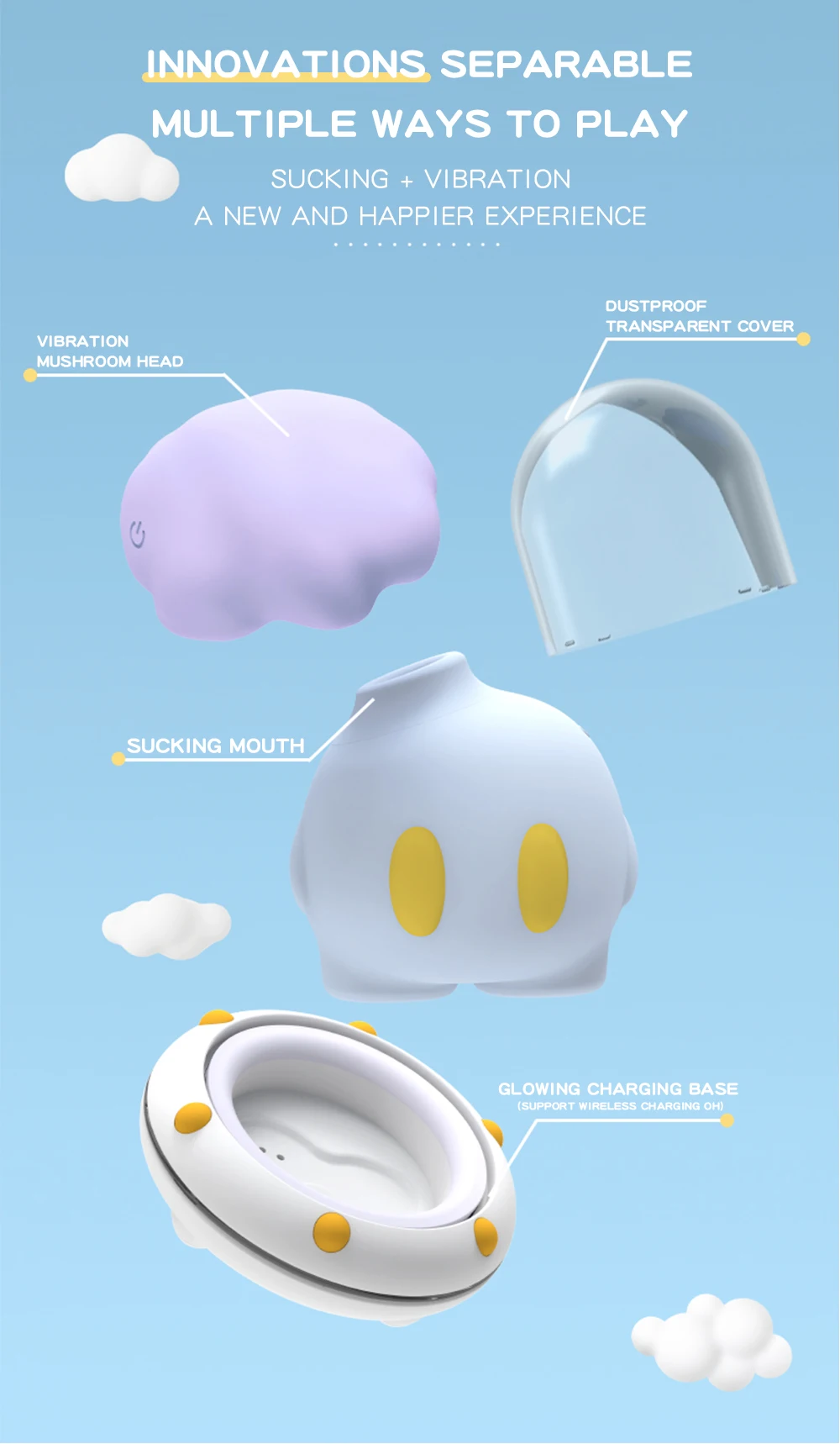 Exploded view diagram of the Astroshroom pleasure device showing the detachable vibration mushroom head, sucking mouth, and glowing wireless charging base.
