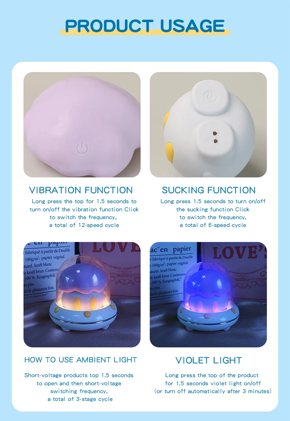 User manual infographic explaining the 12-speed vibration function, 6-speed sucking modes, and 3-stage ambient violet light settings.