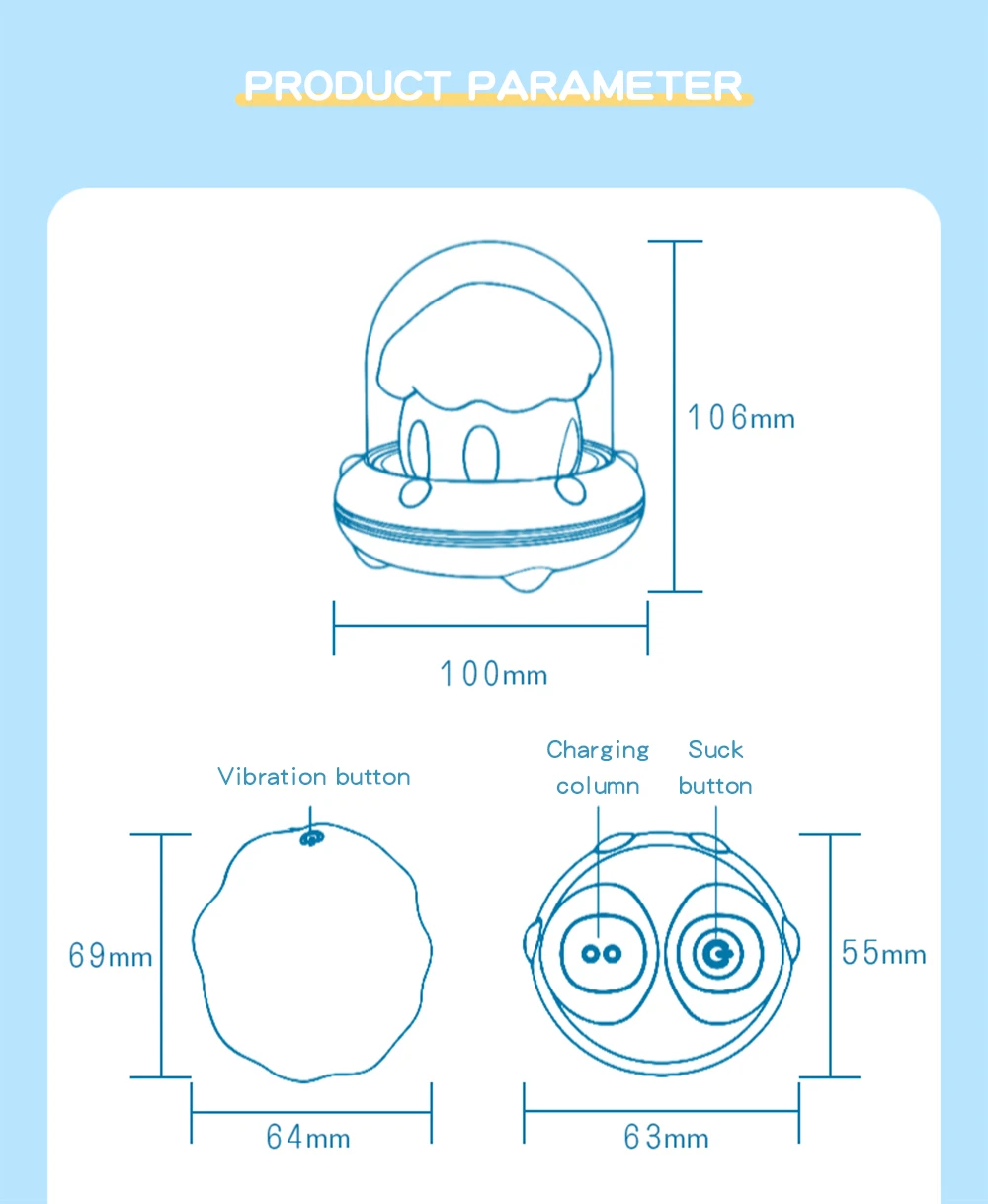 Technical specifications and product dimensions chart for the Astroshroom clitoral suction and vibration device.