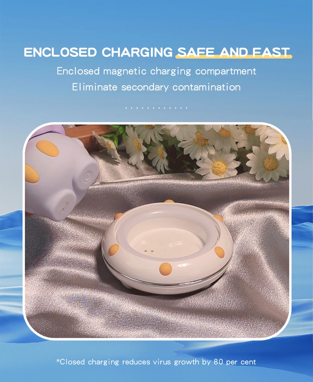 Close-up of the enclosed magnetic charging base designed for hygienic storage and fast power-up of the intimacy tool.