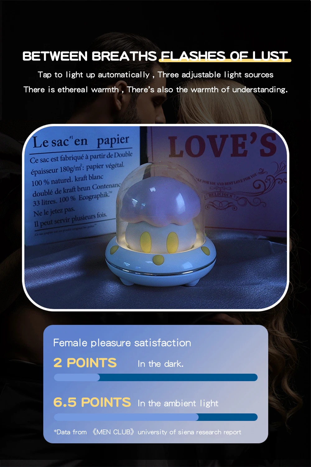 Ambient lifestyle shot of the Astroshroom functioning as a warm LED bedside lamp for romantic atmosphere.