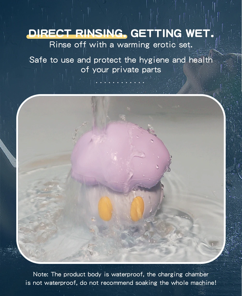 Waterproof rating demonstration of a silicone intimacy tool being rinsed under water, highlighting its easy-to-clean IPX6 body.