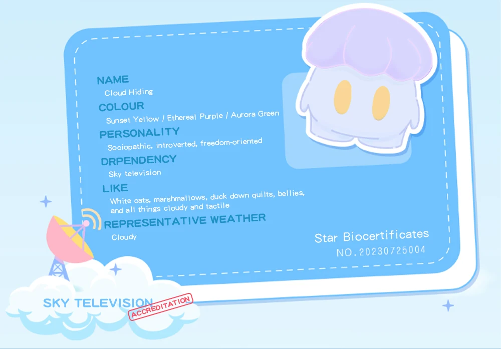 Fun "Bio-certificate" infographic detailing the personality and features of the Cloud Hiding pleasure tool, emphasizing its soft, tactile texture.
