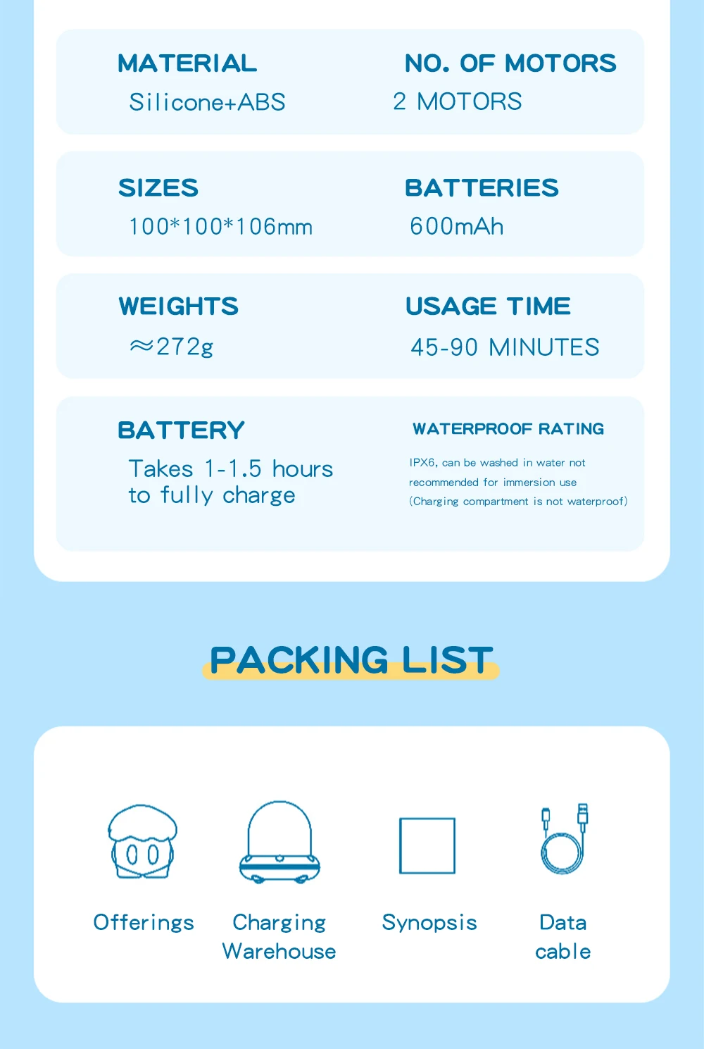 Technical specifications and packing list for the dual-motor silicone massager, including dimensions, battery life, and 600mAh capacity details.