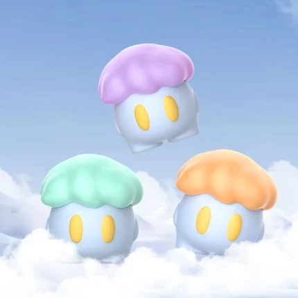 Group of three HH Astroshroom mushroom-shaped clitoral vibrators in pastel purple, mint green, and orange floating above soft white clouds against a blue sky.
