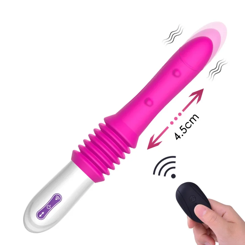 Professional pink telescopic vibrator with remote control and 4.5cm automatic thrusting stroke visualization.