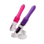 Dual-color automatic thrusting pleasure devices in pink and purple featuring adjustable suction cup bases for hands-free positioning.
