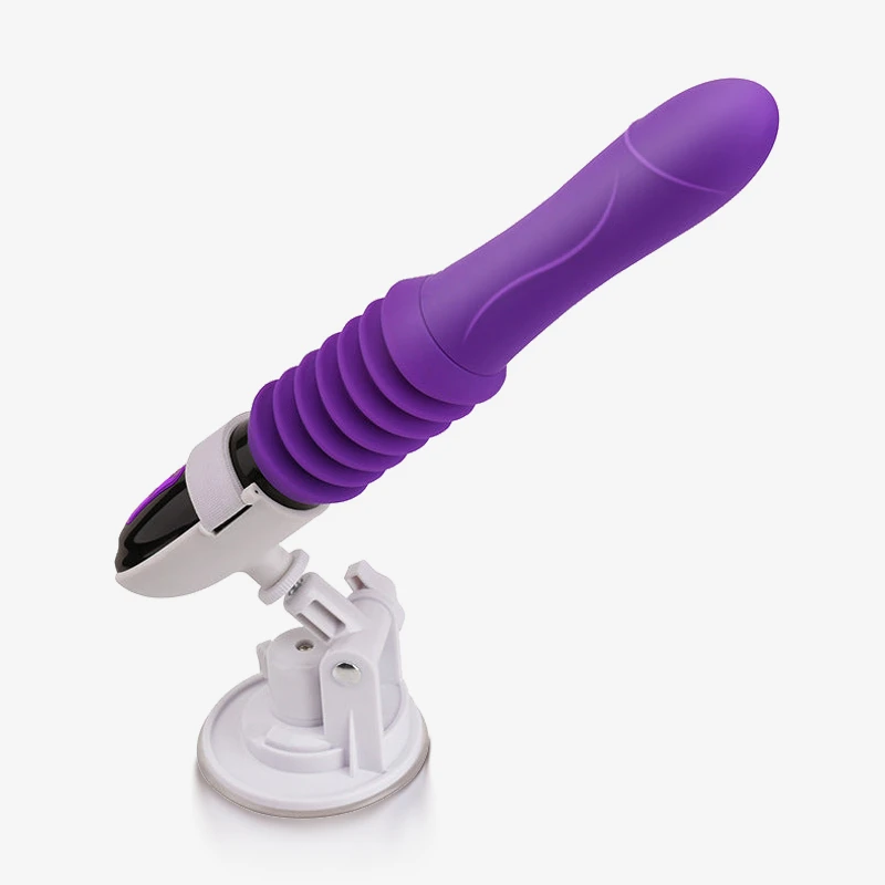 hh-automatic-dildo-device-set-up-anywhere-gallery-12 Purple ergonomic massage wand with a flexible bellows-style neck and a high-strength suction mount for versatile surface attachment.