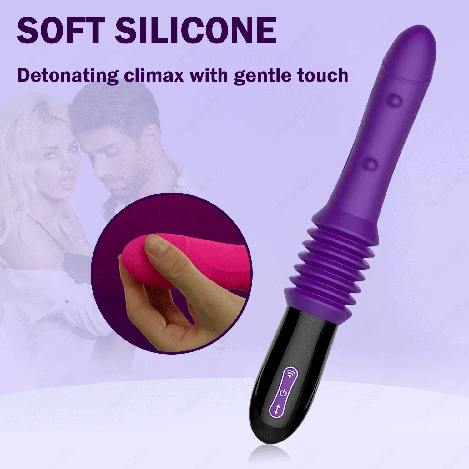 Close-up of a soft silicone purple pleasure device highlighting the skin-friendly texture and intuitive LED-backlit control interface.