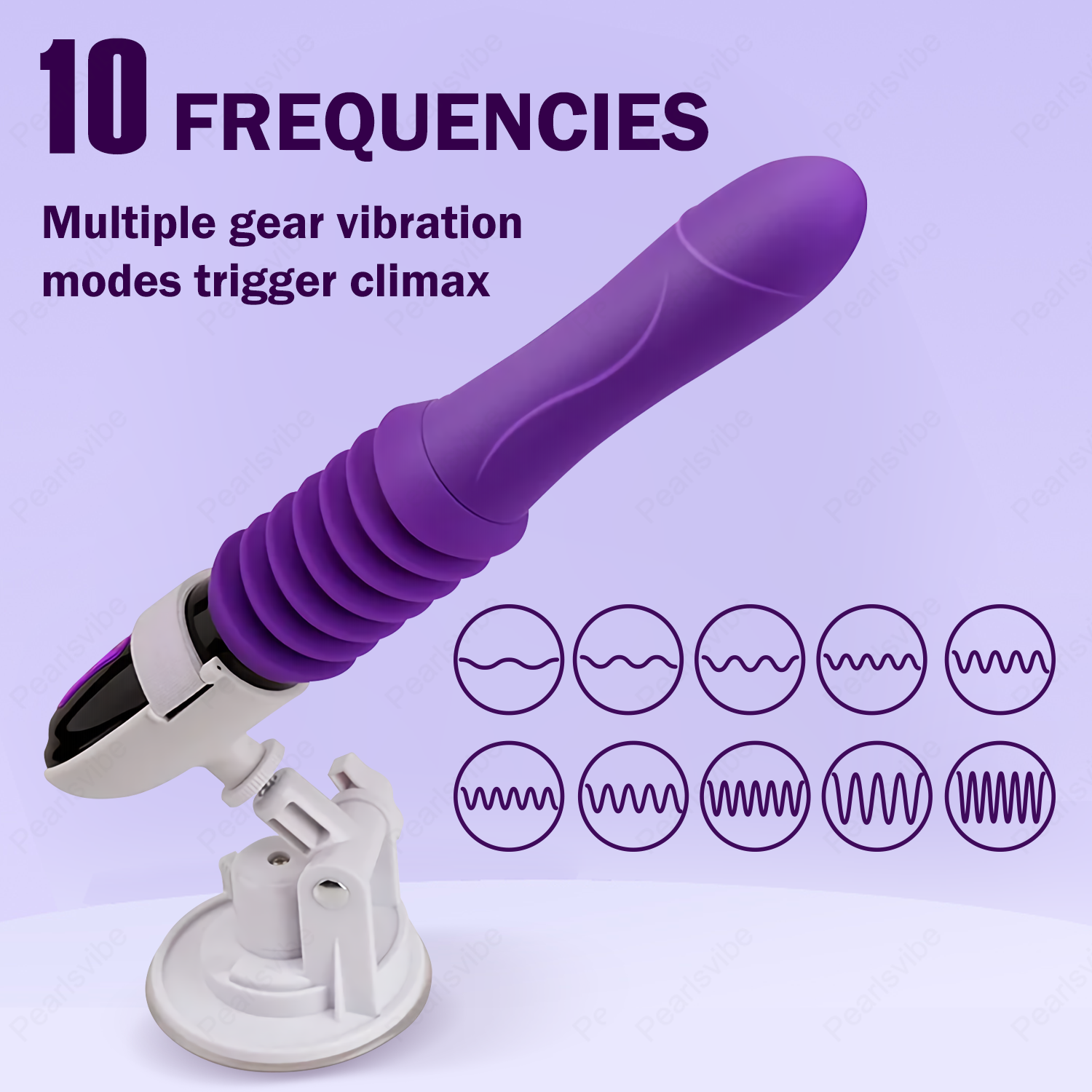 Infographic displaying 10 unique vibration frequencies and patterns available on the hh-automatic pleasure series for customized stimulation.