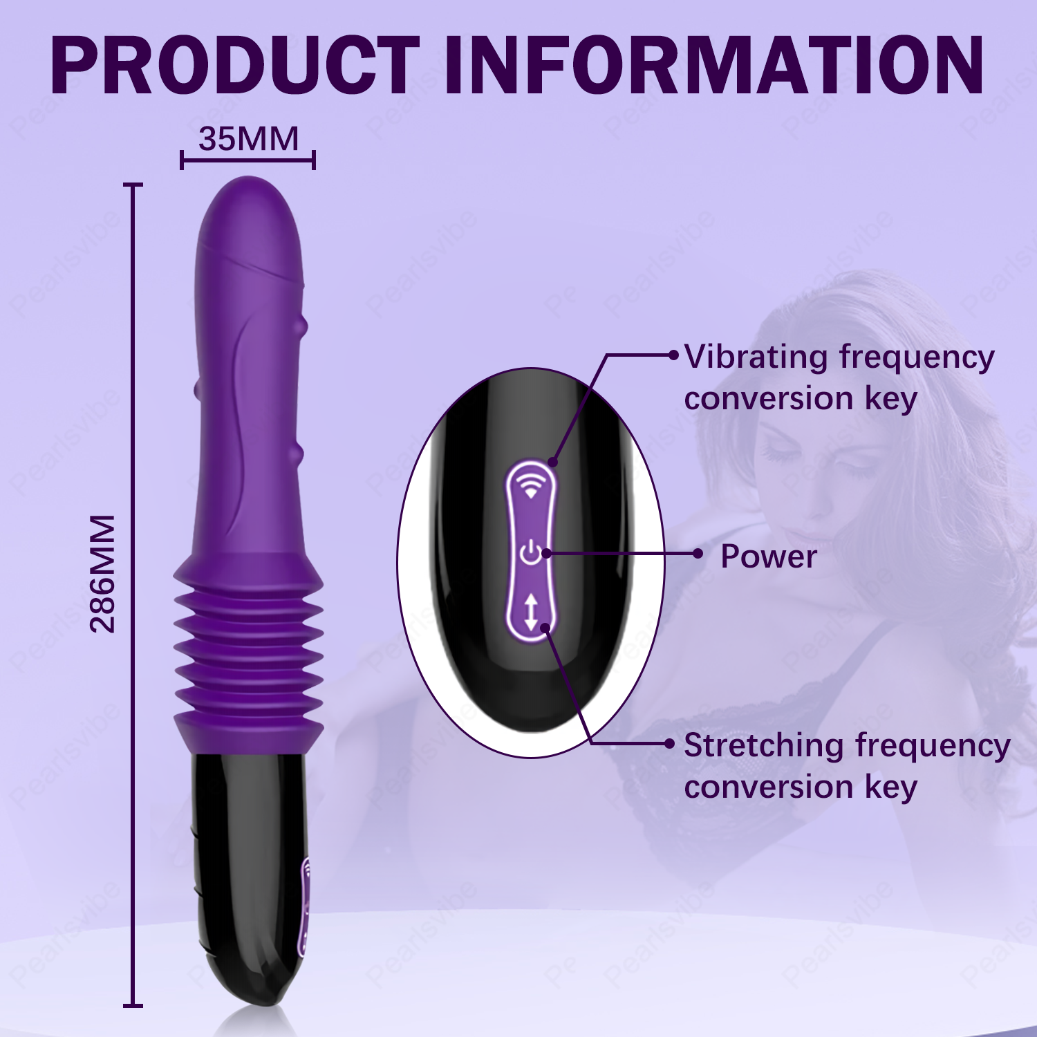 Purple 286mm automatic telescopic wand featuring frequency conversion keys for personalized intensity and stretching modes.
