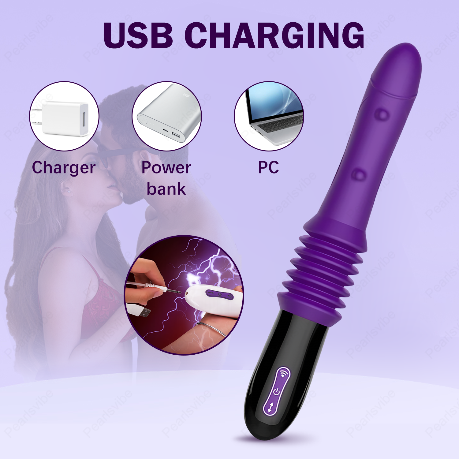 USB rechargeable intimacy tool showing charging compatibility with wall adapters, power banks, and laptops for travel convenience.