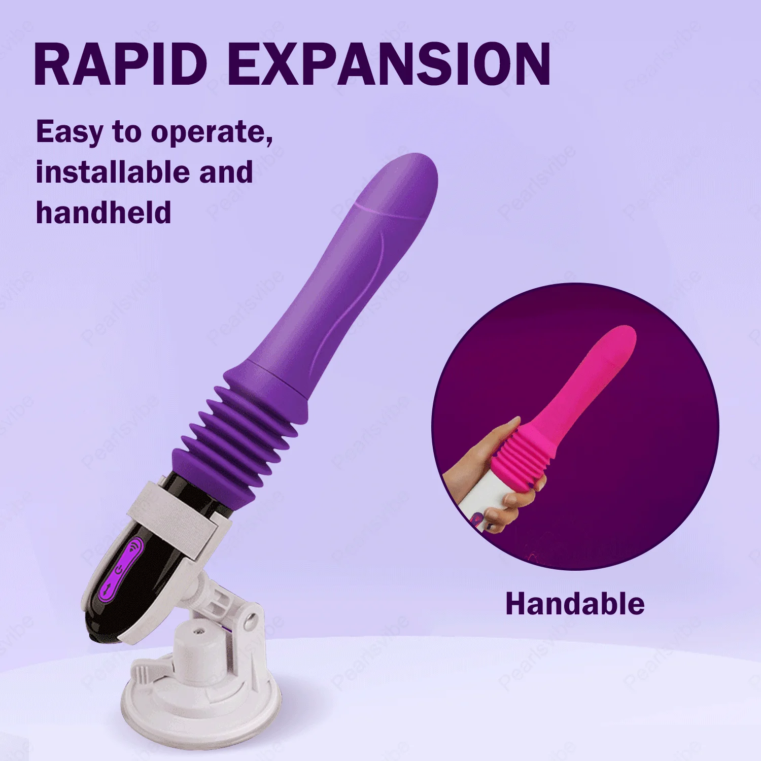Rapid expansion purple massager demonstrating handheld ergonomics and hands-free suction cup installation.