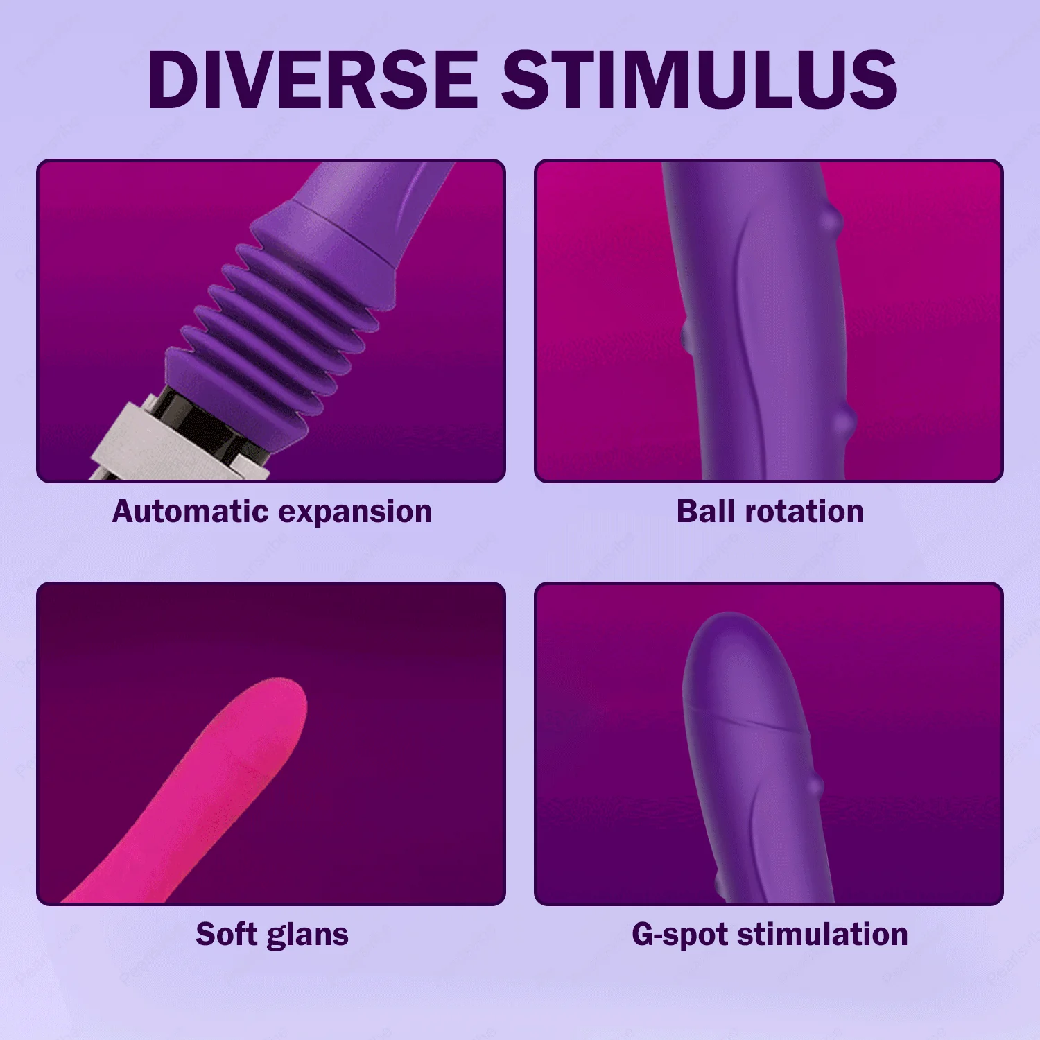 Diverse stimulus infographic detailing automatic expansion, ball rotation texture, soft glans, and G-spot stimulation features.