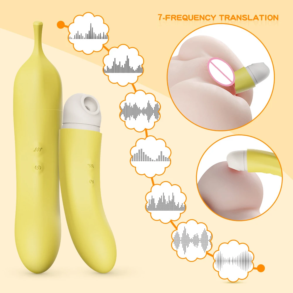 Infographic for the HH Banana Taste pleasure device illustrating its 7-frequency vibration patterns and dual-purpose design for targeted external stimulation and pinpoint accuracy.