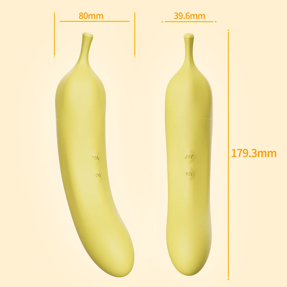 Technical dimension chart for the banana-shaped massage tool showing a length of 179.3mm and a width of 39.6mm for an optimized grip.