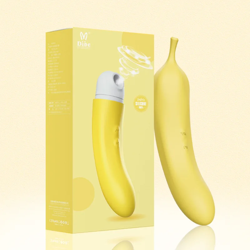 Premium product packaging for the HH Banana Taste vibrator next to the device, emphasizing the 100% safety silicone certification.