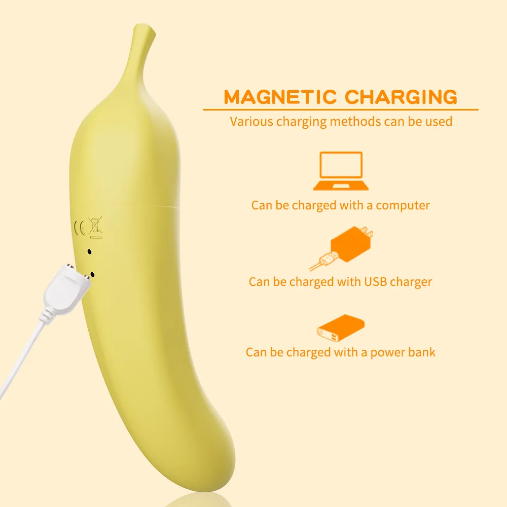 Infographic demonstrating the magnetic USB charging port of the adult toy, compatible with computers, wall adapters, and power banks.