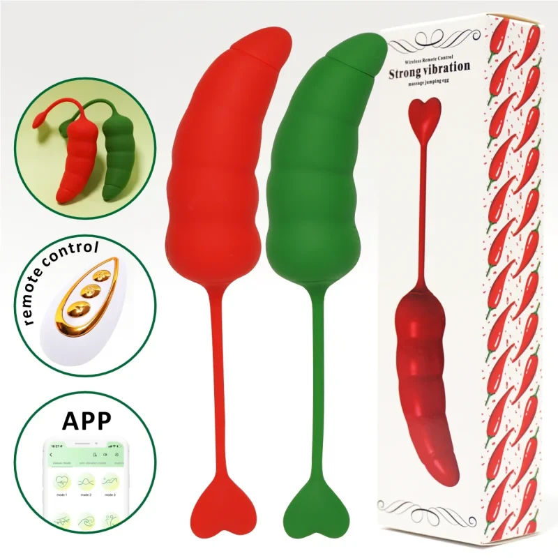 Hoohss Big Pepper adult pleasure devices in red and green colors featuring remote and mobile app control options.