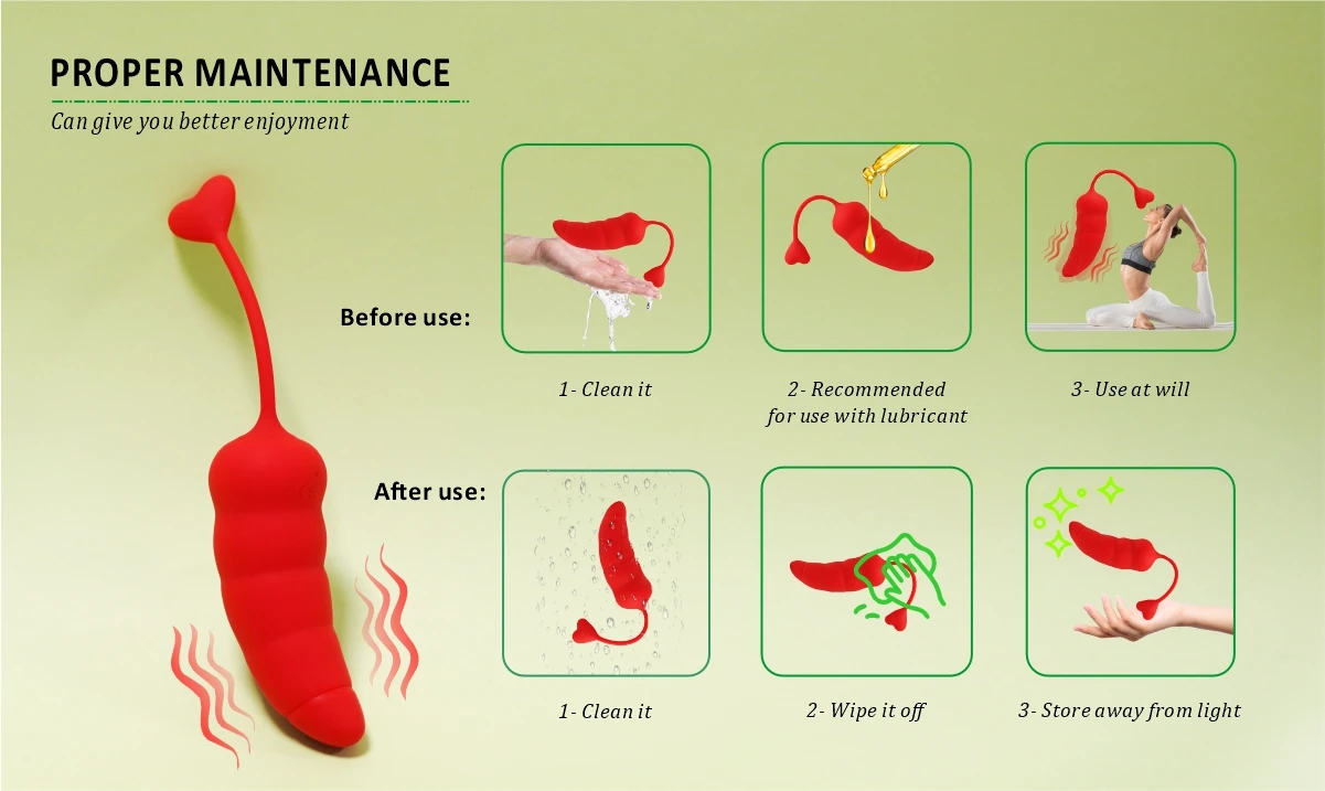 Comprehensive hygiene guide for adult products detailing pre-use lubrication and post-use storage instructions.