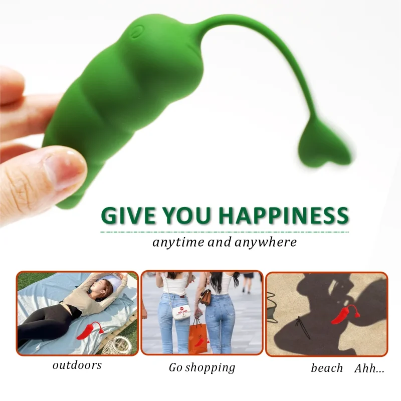 Versatile wear-and-forget lifestyle shots of the discreet green vibrator being used outdoors, while shopping, and at the beach.