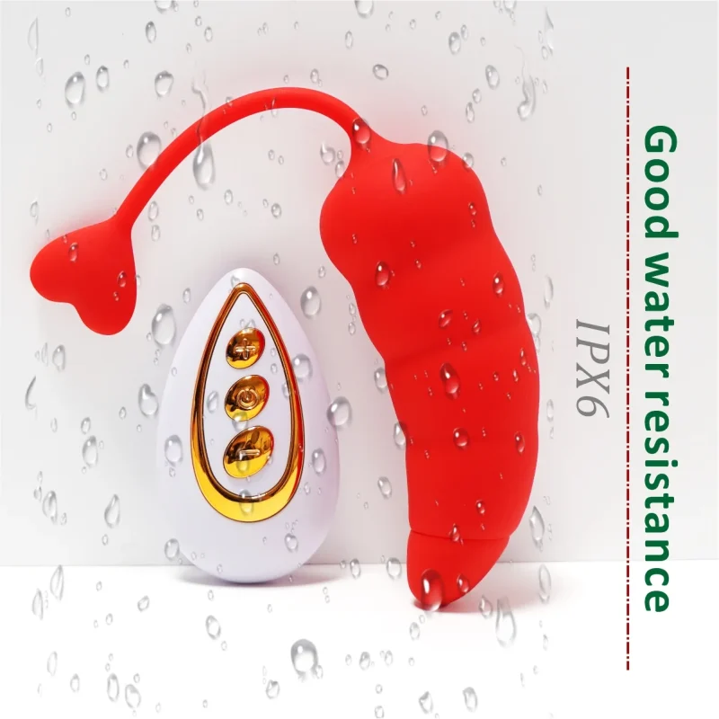 Waterproof IPX6 rated red silicone vibrator shown with water droplets and a sleek white remote control.