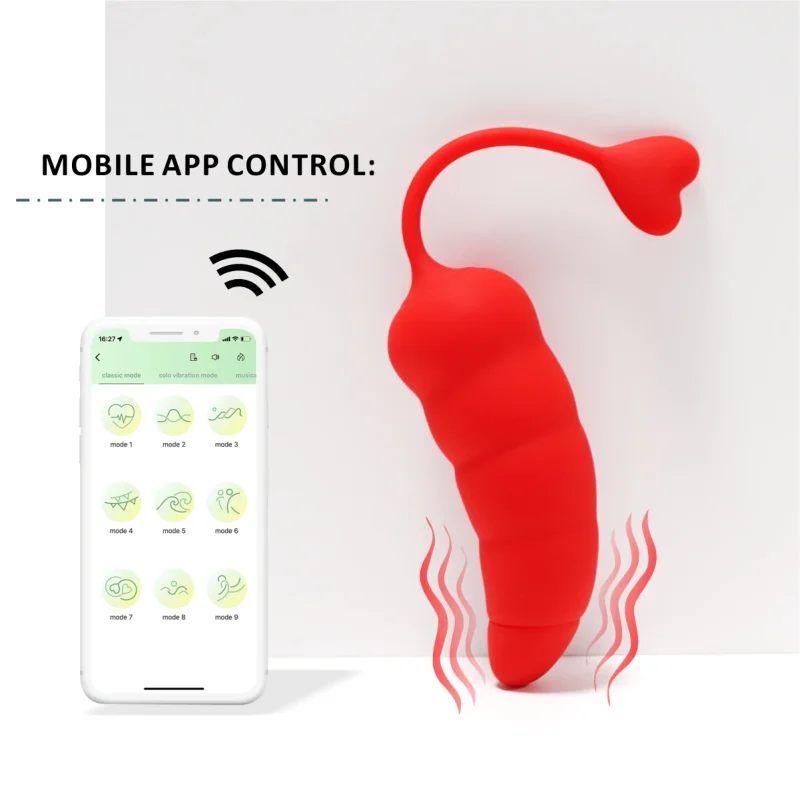 Mobile app control interface for the smart red pepper vibrator, showcasing 9 unique vibration modes and wireless connectivity.
