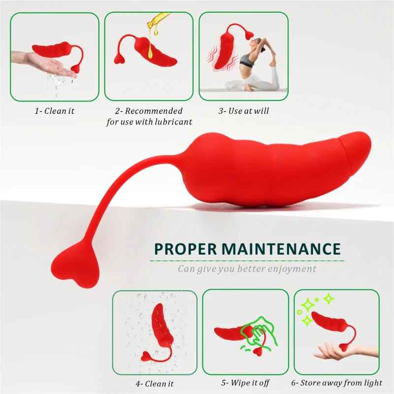 Infographic showing proper maintenance and cleaning steps for the chili-shaped silicone massage wand.