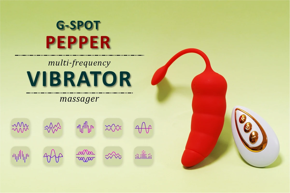 Red G-spot pepper multi-frequency vibrator with icons representing different vibration wave patterns and intensities.