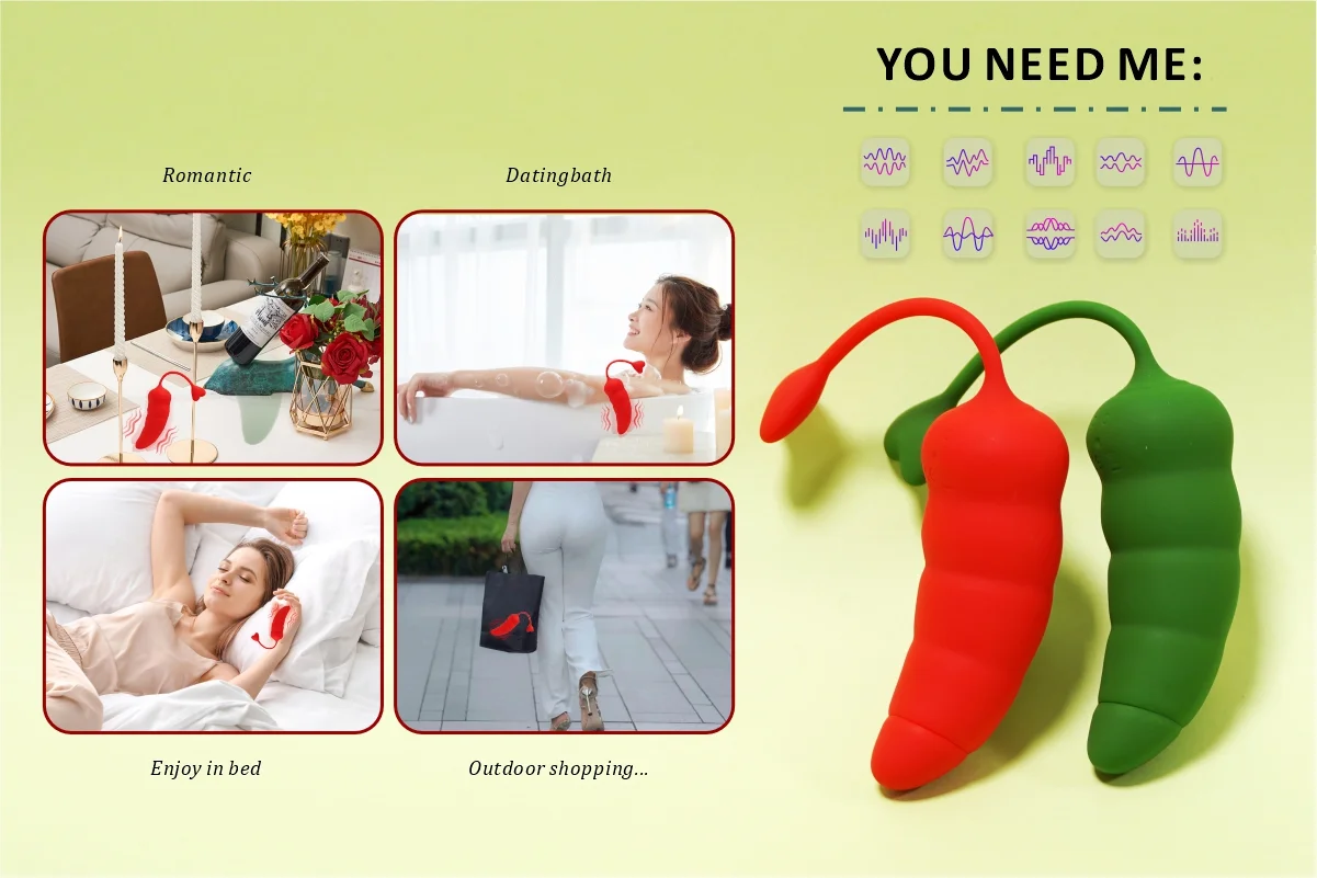 Lifestyle collage demonstrating versatile use of the discreet pepper stimulator in bed, bath, or during travel.