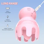 Technical specifications of the rechargeable vibrator showing a 60-minute battery life, fast charging, and a dust-proof DC charging port.