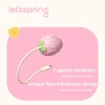 Technical detail of the strawberry-themed pleasure wand highlight its 7-speed vibration motor and ergonomic textured design.