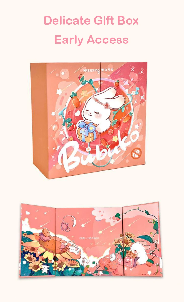 Luxury gift box packaging for the Bubuko series, showcasing a whimsical pink illustrative design and a foldable decorative display case for discreet storage.