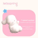 Infographic detailing the 7-speed suction function of the white bunny-shaped vibrator, highlighting the ergonomic body-safe silicone design for sensory delight.