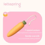 Product feature slide for the carrot-shaped vibrating wand, emphasizing its 7-speed pulse modes and gentle warmth technology for a soothing intimacy experience.