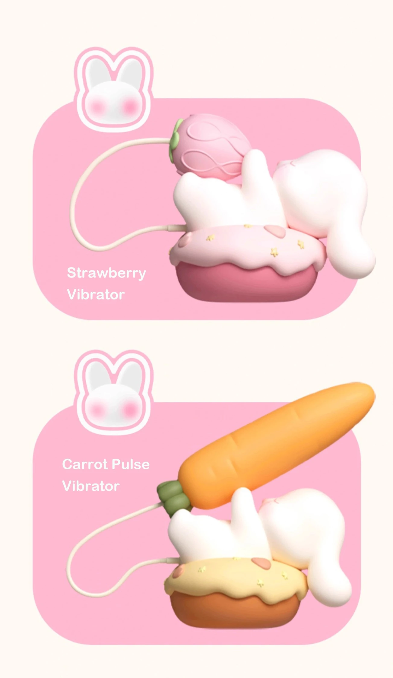 Comparison of the two available models: the Bubuko Strawberry Vibrator and the Carrot Pulse Vibrator for versatile external stimulation.