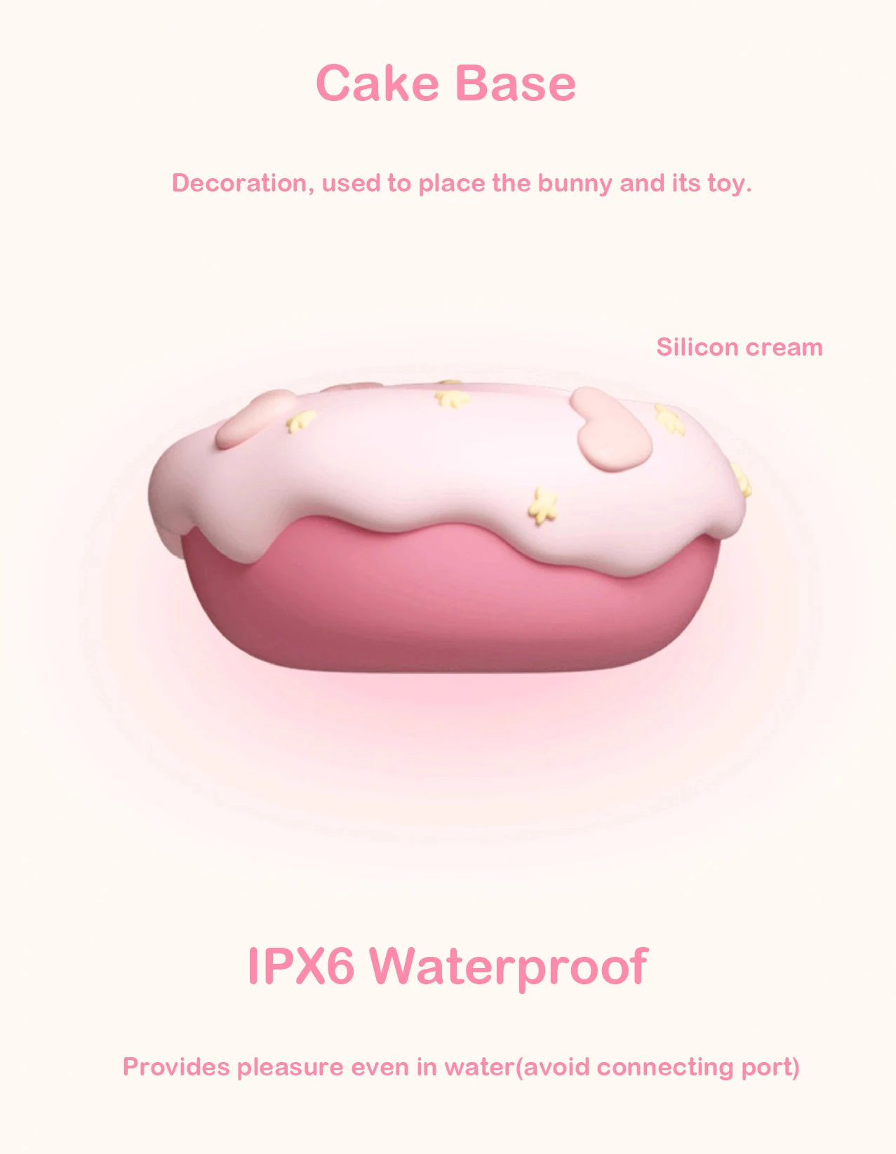 A side profile of the IPX6 waterproof pink cake base used to store and display the whimsical bunny pleasure tool.