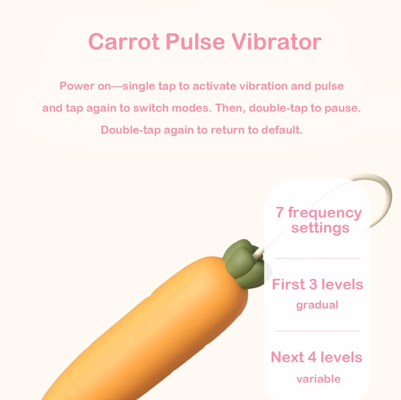 Close-up of the Carrot Pulse Vibrator attachment showing the 7 frequency modes ranging from gradual intensity to variable pulse patterns.