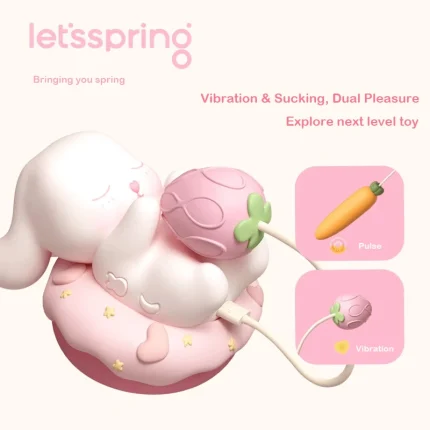 Lifestyle-style product shot illustrating the dual-action capabilities of the Let's Spring Bubuko series combining suction and vibration.