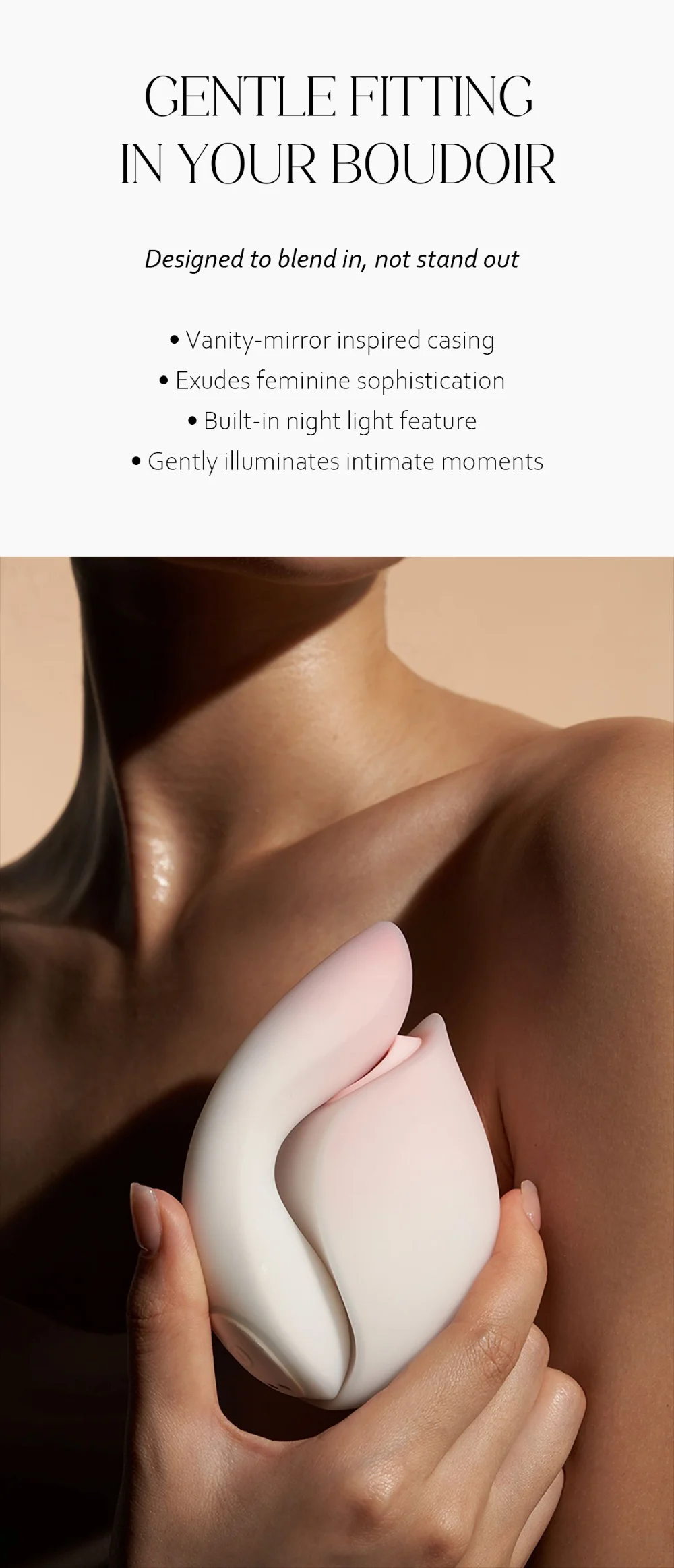 A hand holding the tulip-shaped pleasure device against the skin, emphasizing its ergonomic grip and sophisticated aesthetic for the modern boudoir.