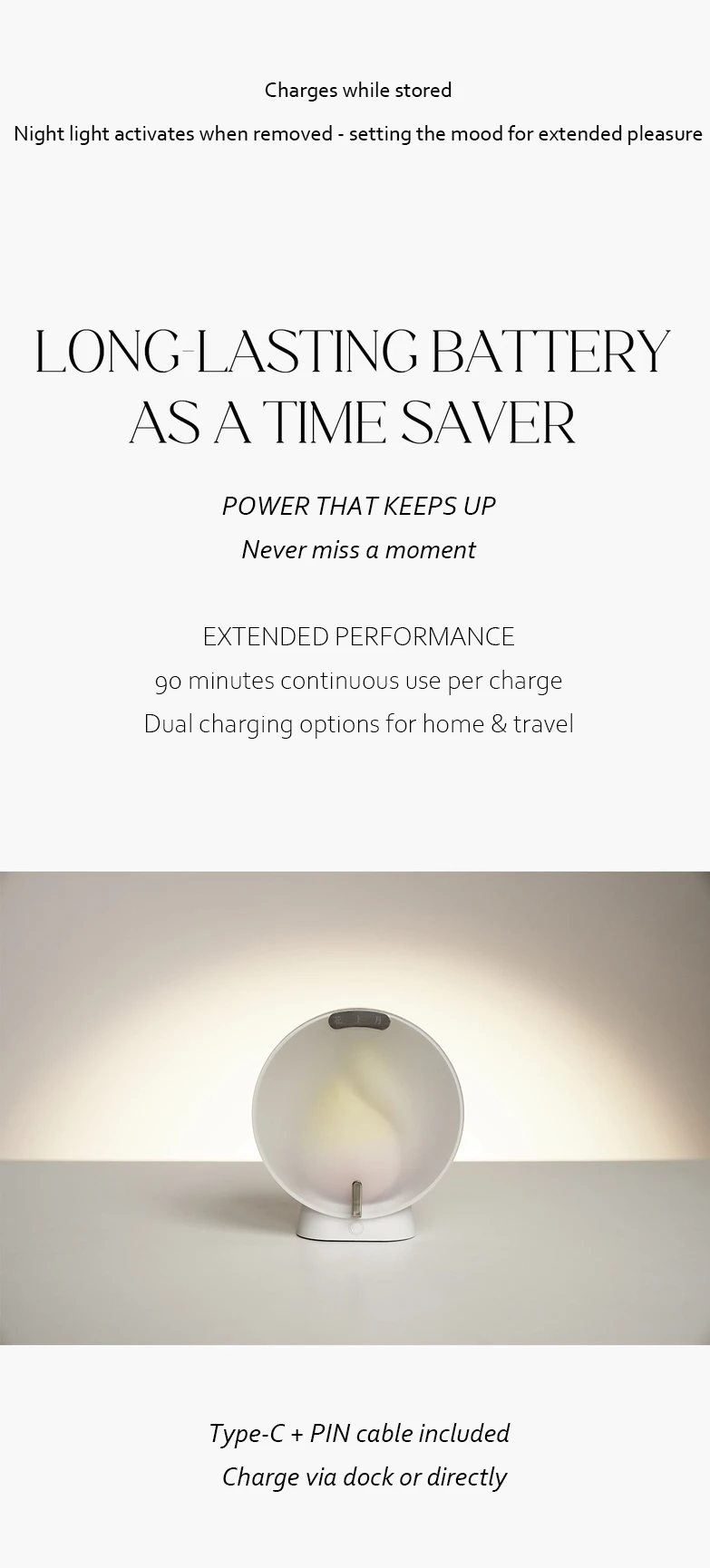 Infographic showing the Budding Moon's long-lasting battery life with 90 minutes of continuous use and dual charging options via a sleek bedside dock or Type-C cable.