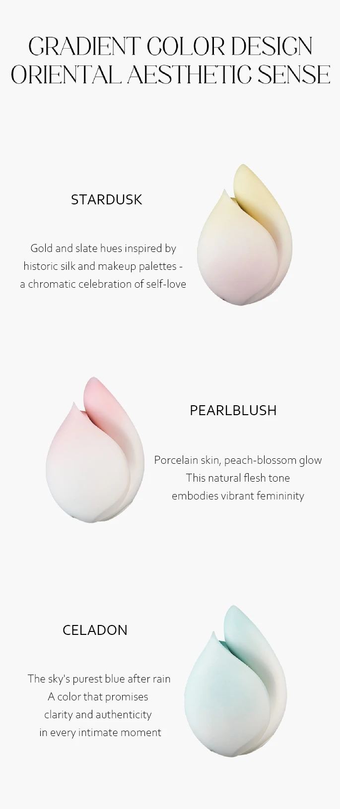 Showcase of the Budding Moon collection in three gradient colors: Stardusk gold, Pearlblush pink, and Celadon blue, inspired by oriental aesthetics and porcelain textures.