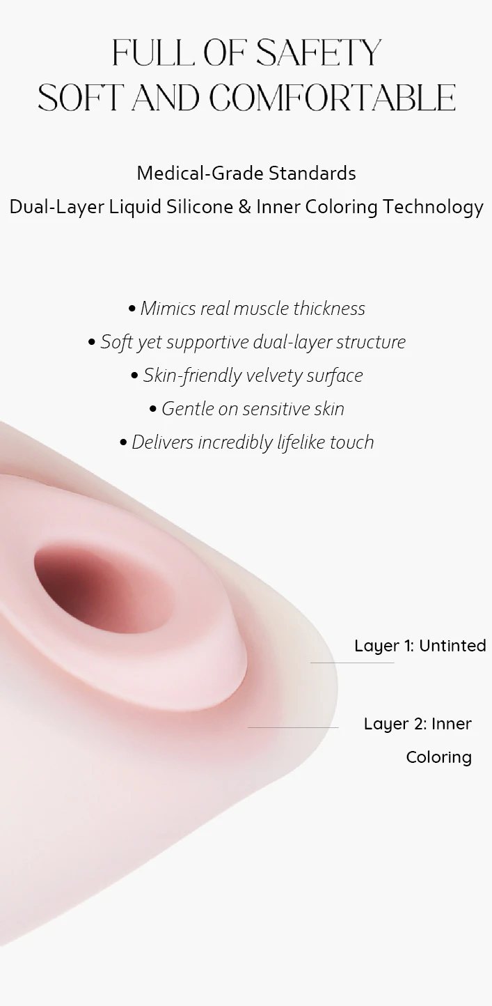 Close-up detail of the medical-grade liquid silicone texture, illustrating the dual-layer inner coloring technology for a skin-friendly, velvety soft touch.
