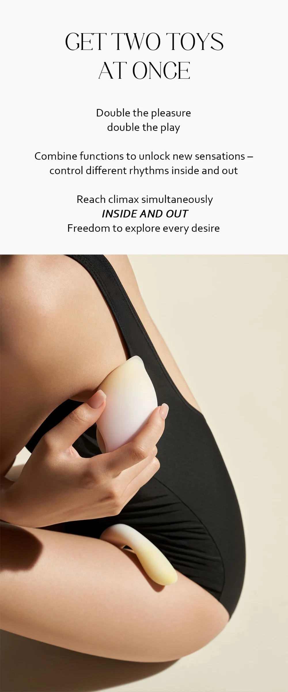 Lifestyle image demonstrating the dual-functionality of the Budding Moon, used as a versatile massager for simultaneous internal and external stimulation.