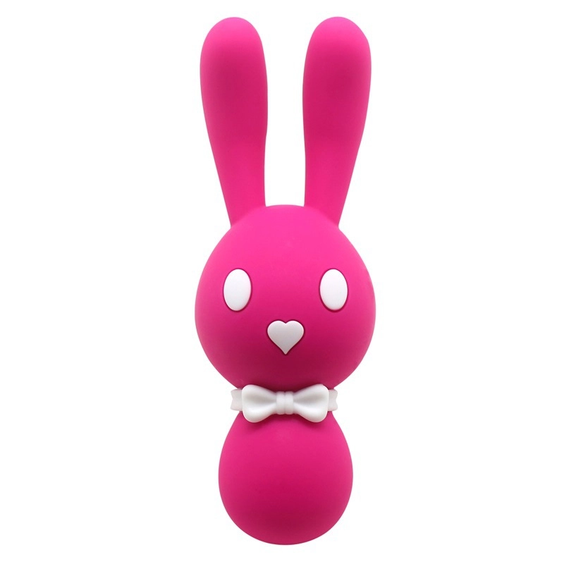 Symmetrical studio shot of the hot pink bunny-style adult toy, focusing on the high-contrast white accents and the playful, travel-friendly design of the device.