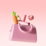 A playful pink lifestyle scene featuring a carrot-shaped clitoral vibrator floating alongside everyday essentials like a handbag and cosmetics to highlight its discreet, portable design.