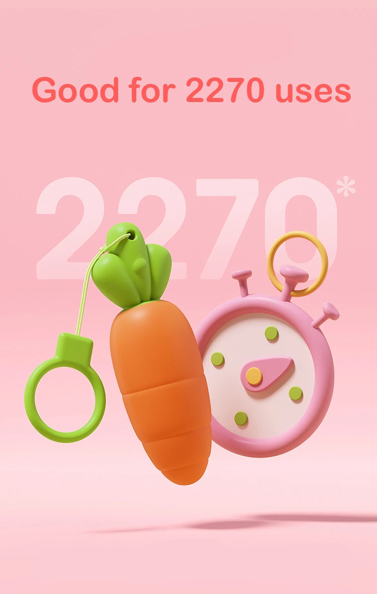 Infographic showing the "Good for 2270 uses" durability rating for the Bunny's Favorite pleasure tool, emphasizing long-lasting battery life and motor reliability.