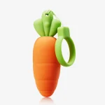 High-resolution studio shot of the orange and green carrot-themed silicone massager with a finger-loop handle for ergonomic grip and precision control during solo play.