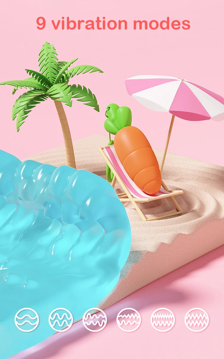 Lifestyle graphic illustrating the 9 different vibration modes of the waterproof intimacy device, depicted in a relaxing beach setting to represent versatile aquatic use.
